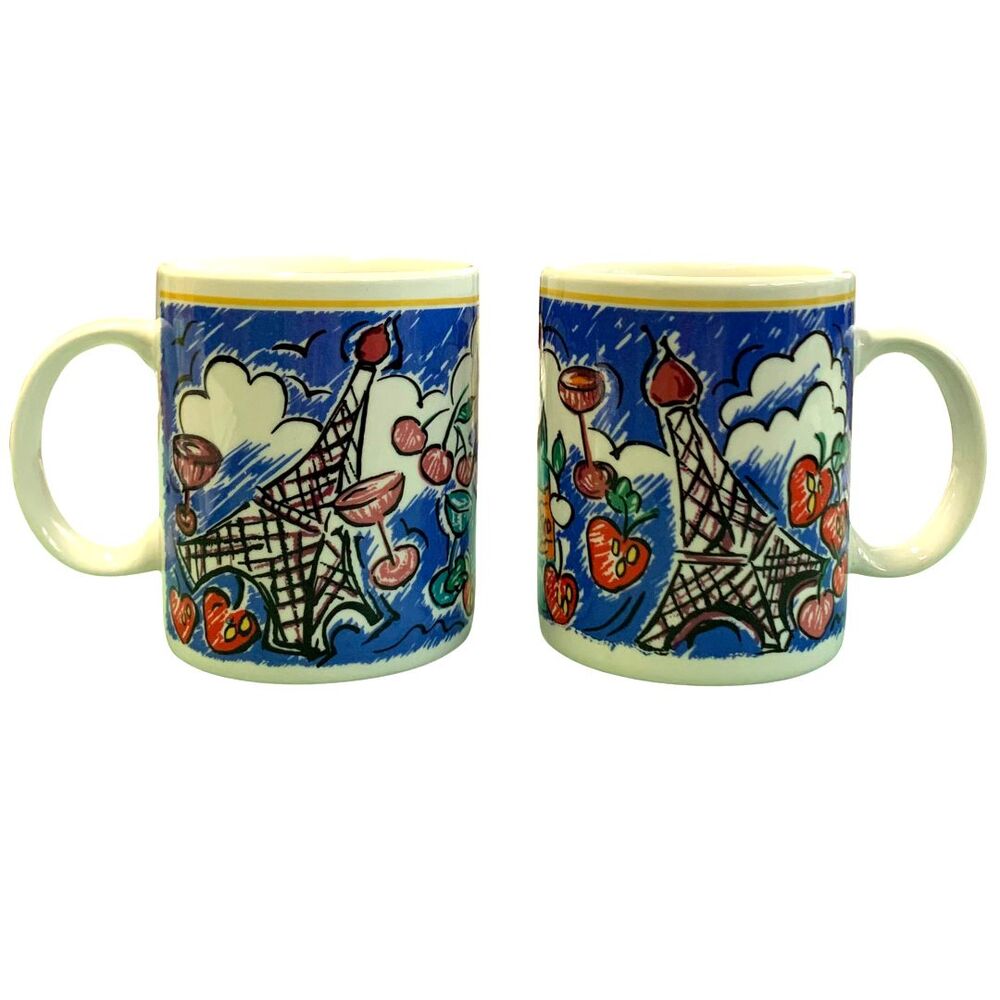 MISONO Paris Eiffel Tower Bistro Cherry Designed VTG Mug Cup-2 Piece Set - Picture 7 of 7